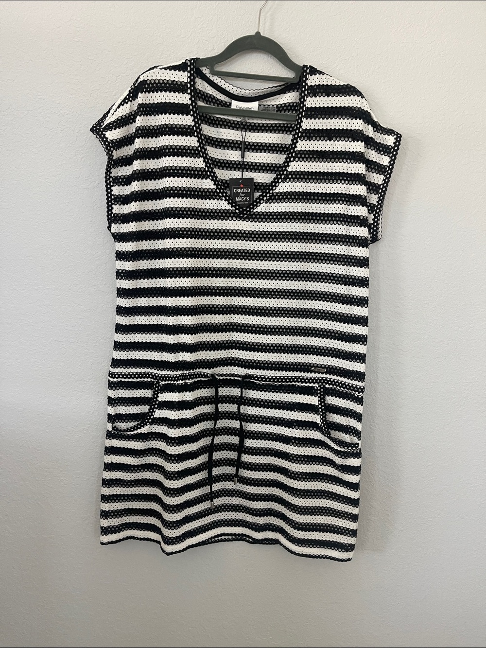 Calvin Klein with Front pockets Black & White Striped Crochet Swim Coverup